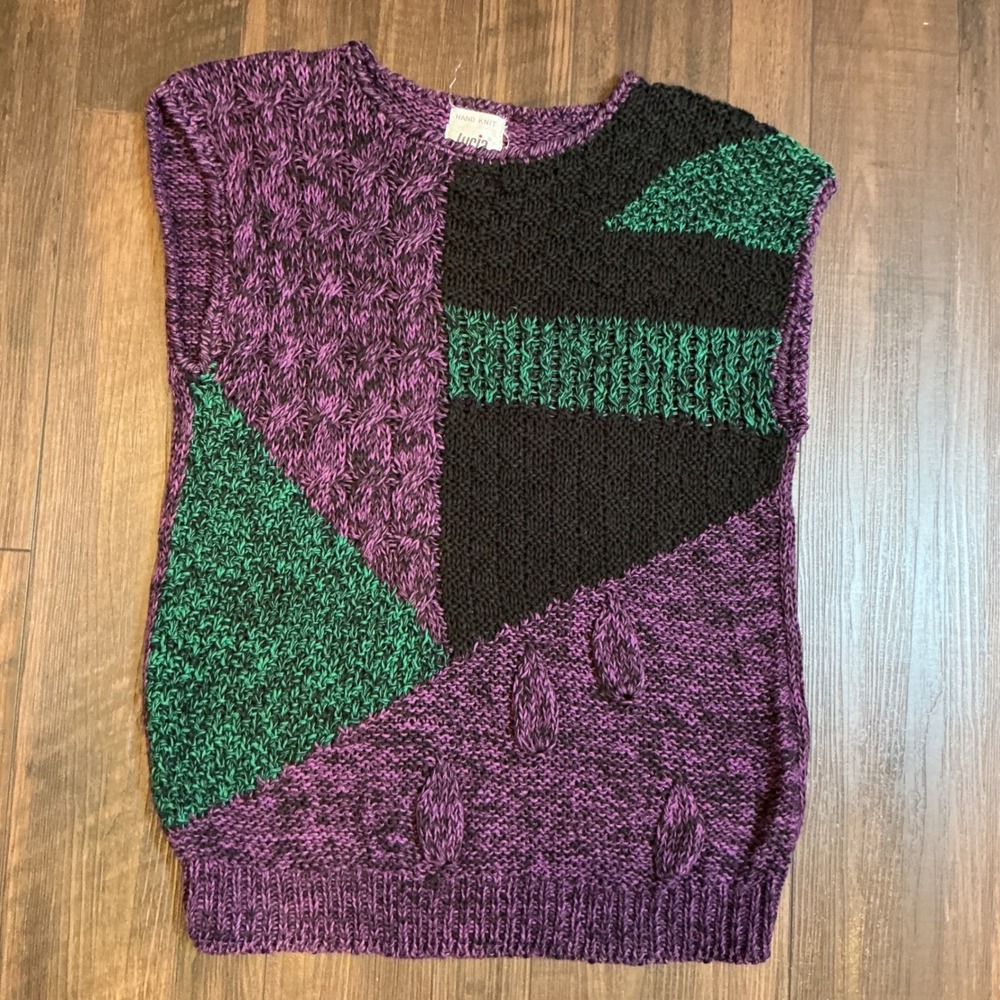 Lucia Hand Knit Colorblock Sweater Vest Purple GreenBlack Geometric Ramie Cotton